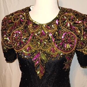 Vintage Laurence Kazar Women Beaded Sequin Dress Petite Small Black 100% Silk